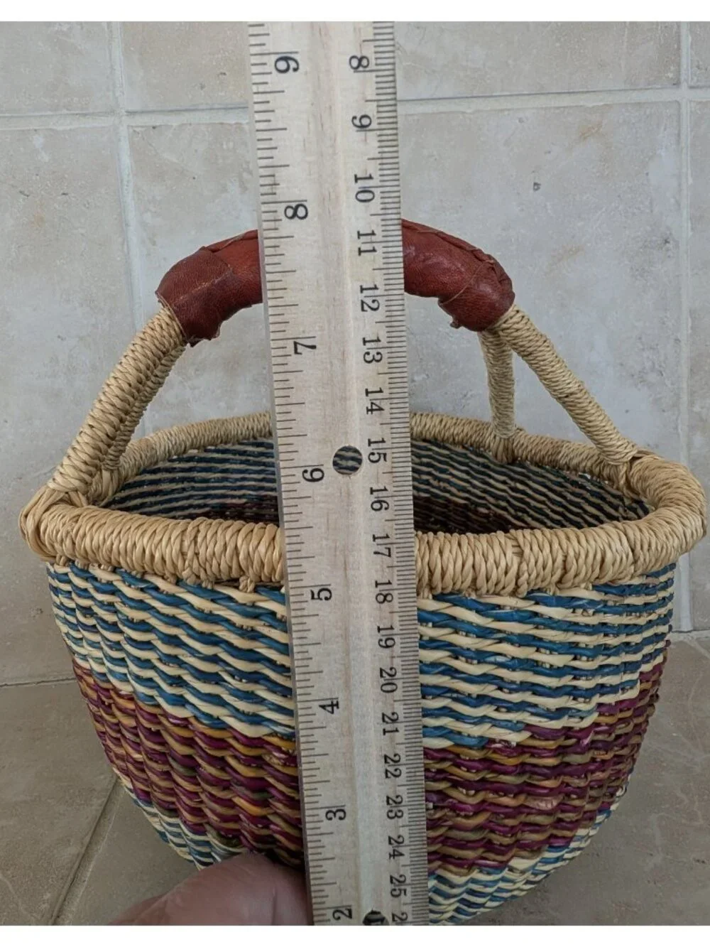 Unique Handwoven African Bolga Basket Leather Handle Multicolor